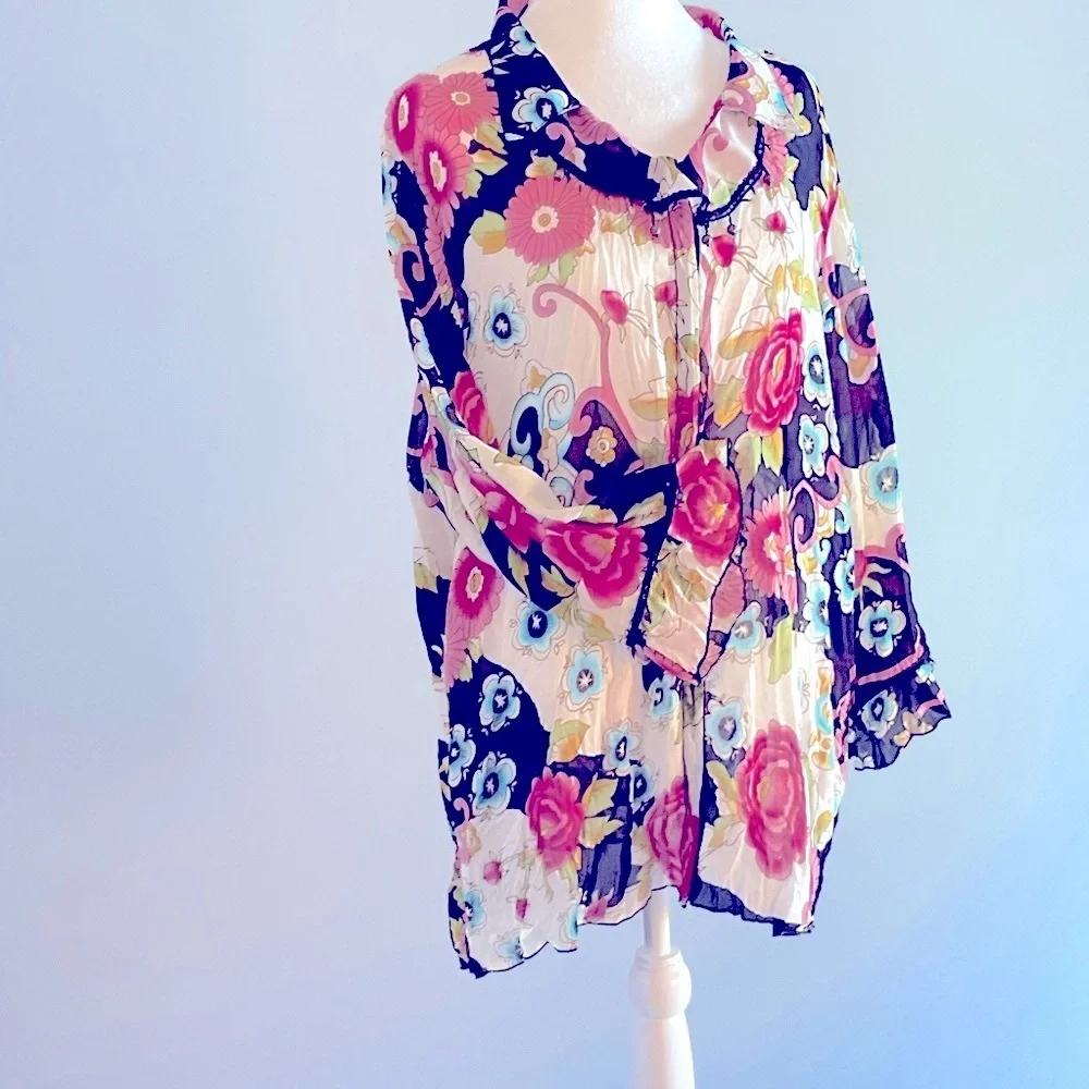 Agora Floral Beaded Ruffle Boho Blouse Snap Front Size 2X - Picture 11 of 16